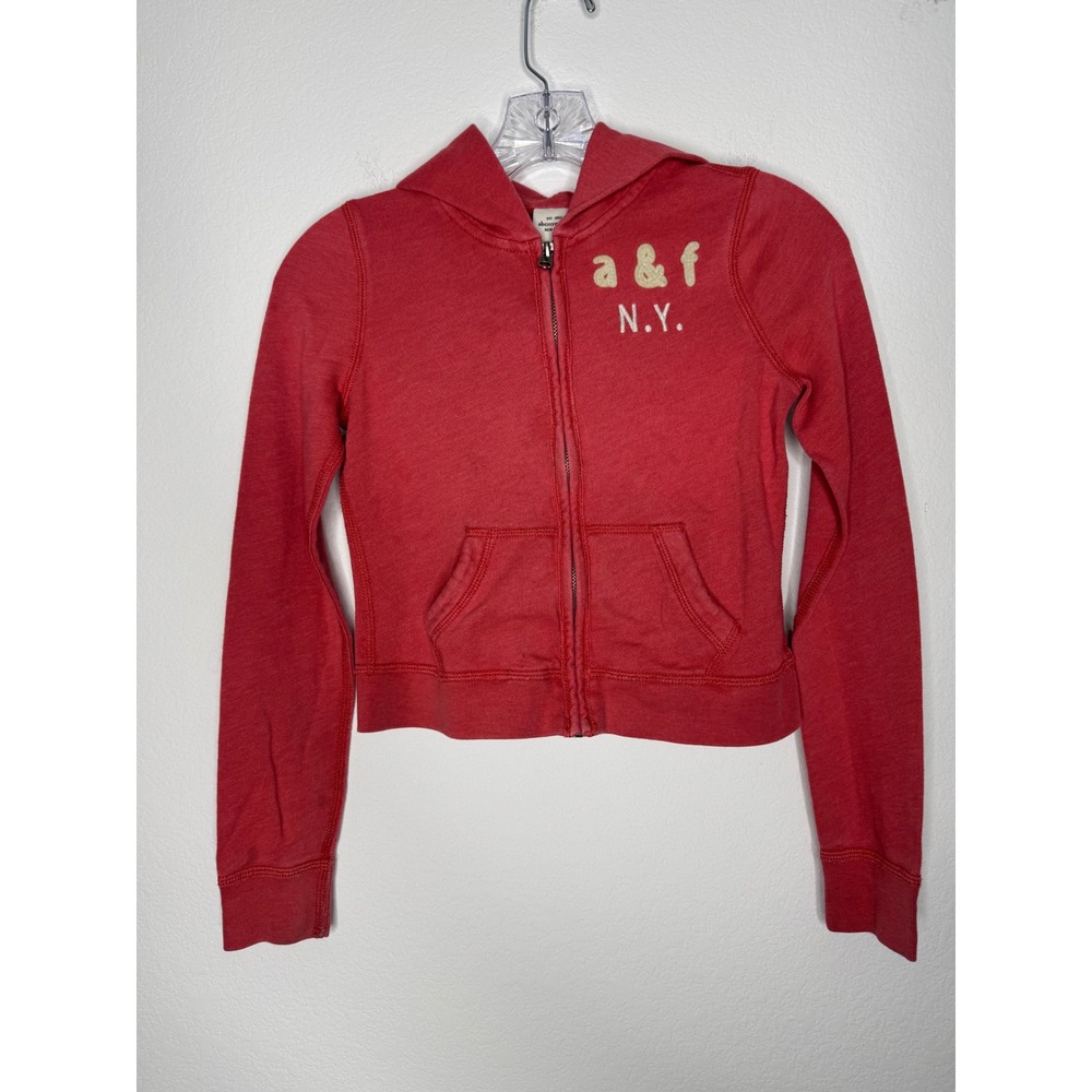 Abercrombie & Fitch Red Cropped Full Zip Hoodie Sweatshirt AF NY Logo Women's M
